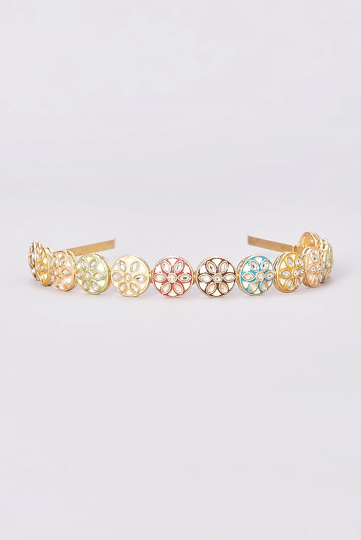 Gold Finish Multi-Colored Kundan Polki Hairband by Kohar By Kanika at Pernia's Pop Up Shop