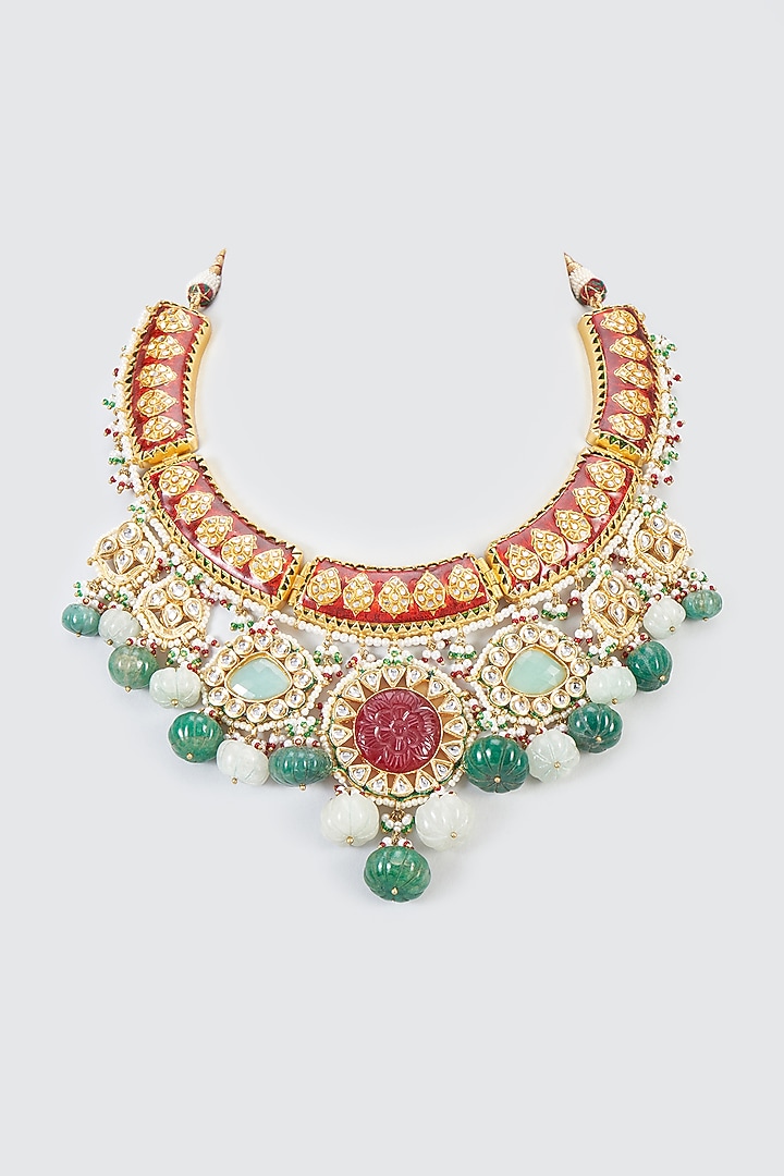 Gold Finish Jade Meenakari Necklace by Kohar By Kanika at Pernia's Pop Up Shop