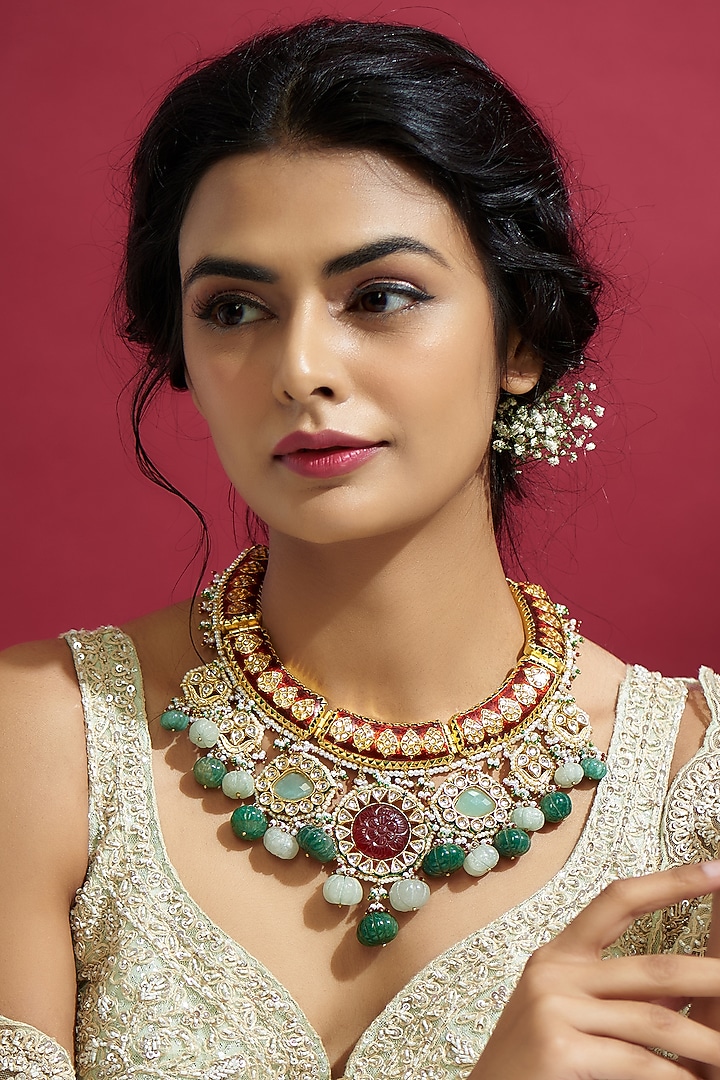 Gold Finish Jade Meenakari Necklace by Kohar By Kanika at Pernia's Pop Up Shop