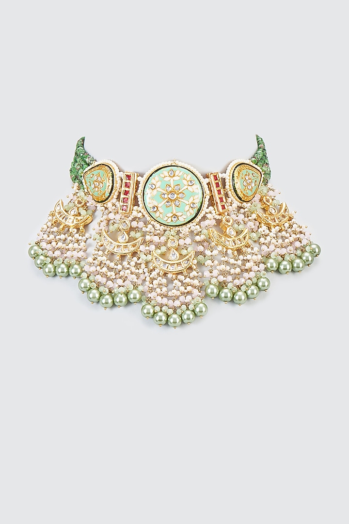 Gold Finish Kundan Polki Meenakari Necklace by Kohar By Kanika at Pernia's Pop Up Shop