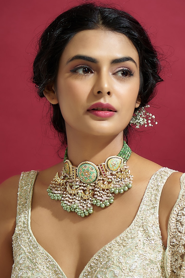 Gold Finish Kundan Polki Meenakari Necklace by Kohar By Kanika at Pernia's Pop Up Shop