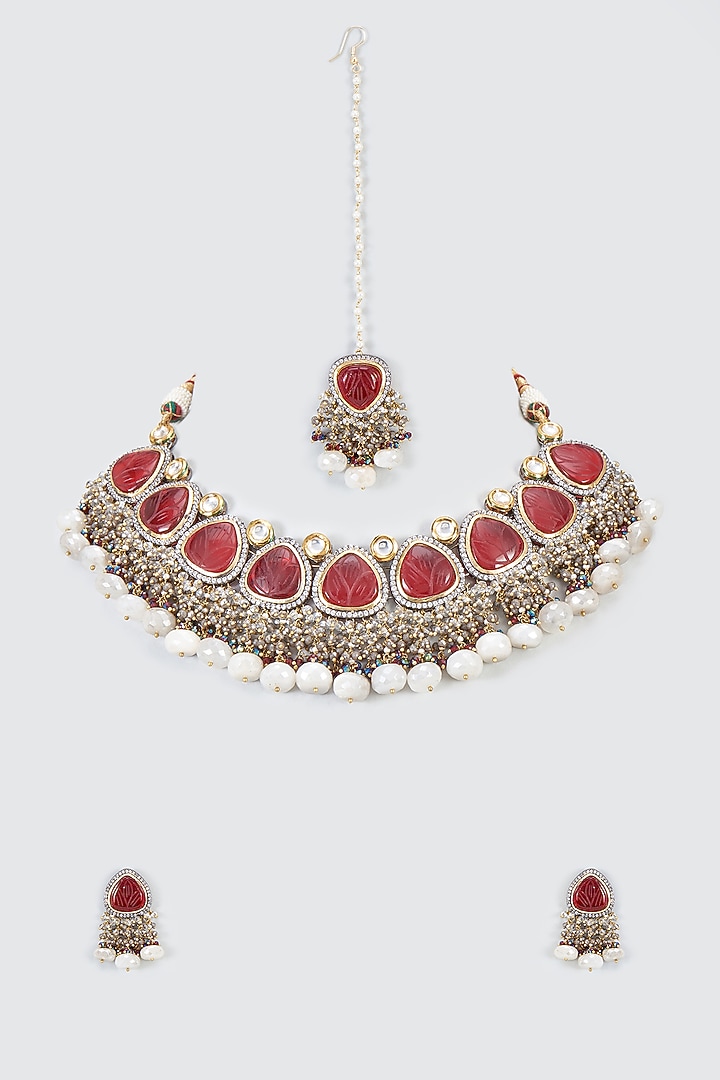 Black Rhodium Finish Agate Choker Necklace Set by Kohar By Kanika at Pernia's Pop Up Shop