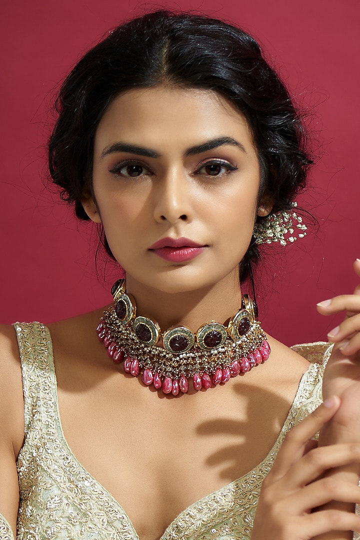Gold Finish Semi Precious Stone Choker Necklace by Kohar By Kanika at Pernia's Pop Up Shop