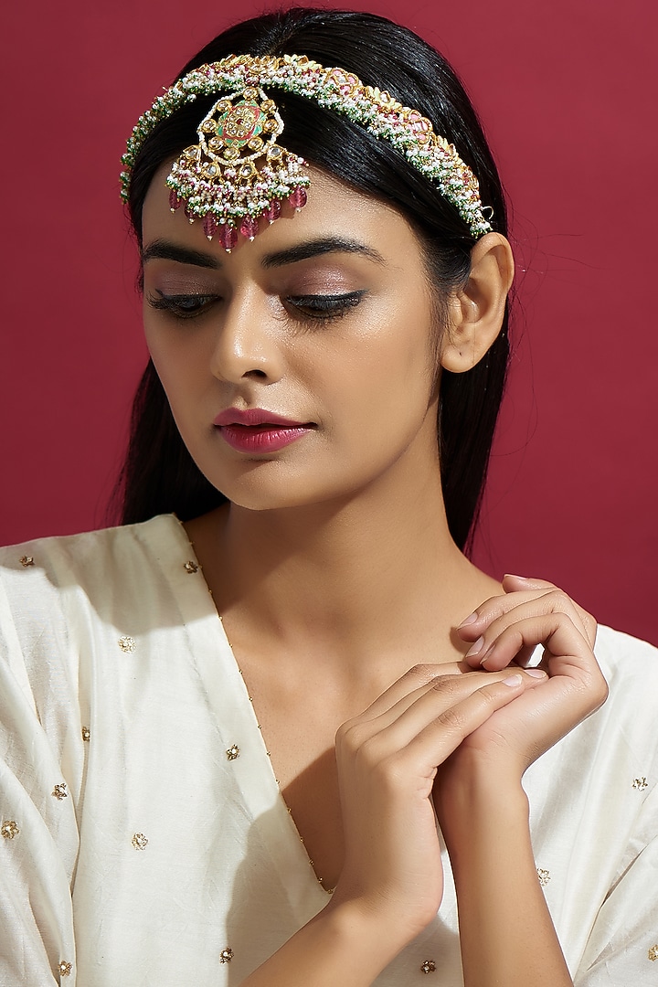 Gold Finish Kundan Polki Matha Patti by Kohar By Kanika at Pernia's Pop Up Shop