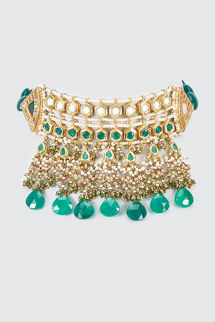 Gold Finish Kundan Polki Meenakari Choker Necklace by Kohar By Kanika at Pernia's Pop Up Shop