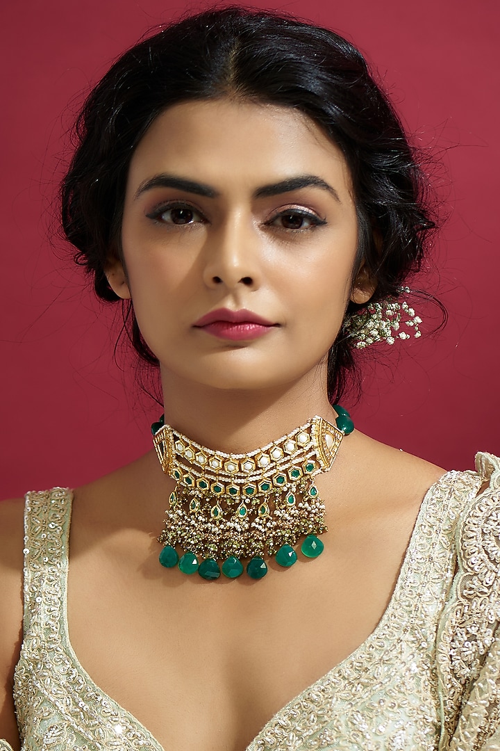 Gold Finish Kundan Polki Meenakari Choker Necklace by Kohar By Kanika at Pernia's Pop Up Shop