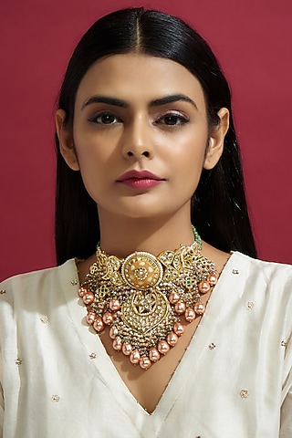 Gold Finish Semi Precious Stone Choker Necklace by Kohar By Kanika