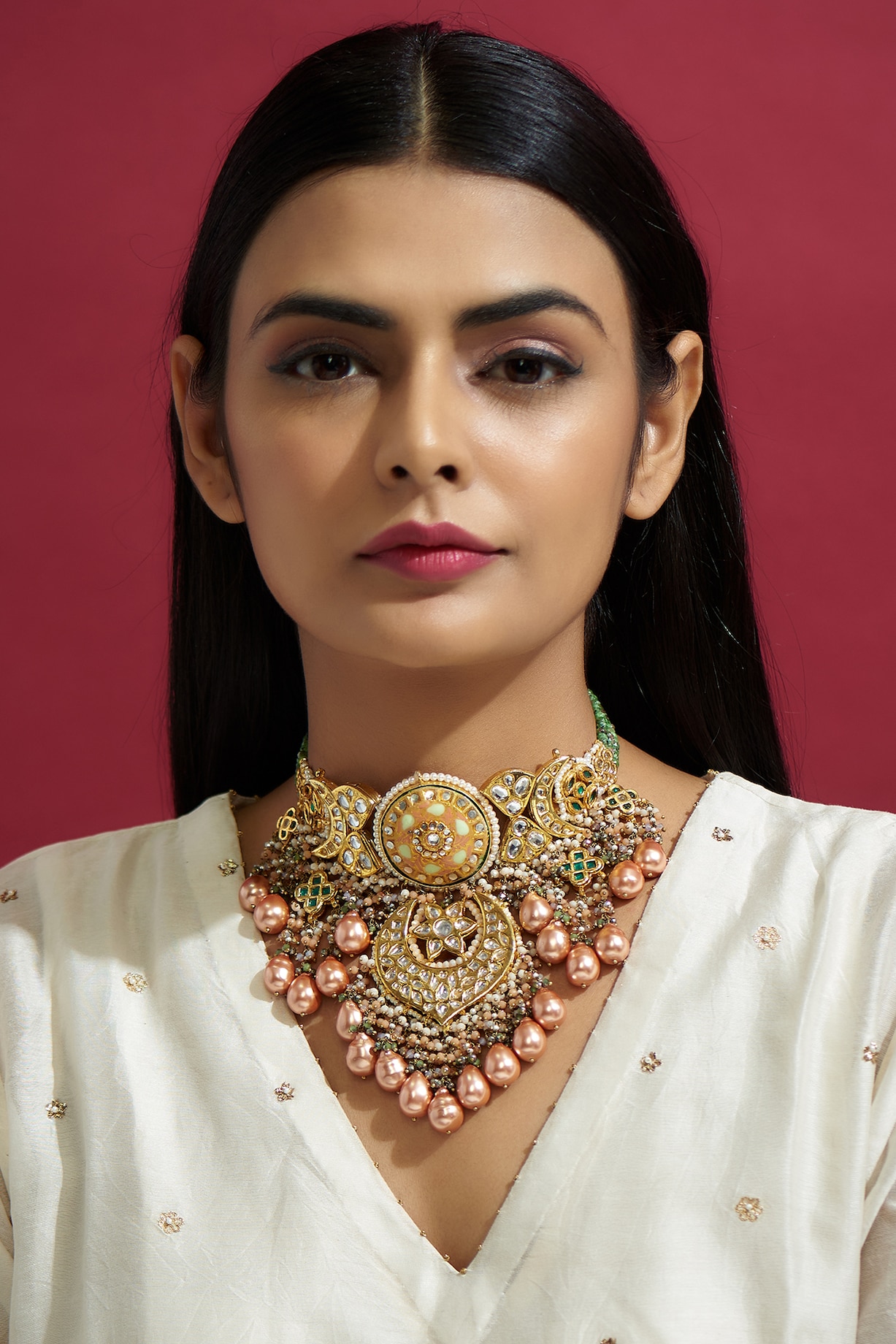 Gold Finish Semi Precious Stone Choker Necklace by Kohar By Kanika