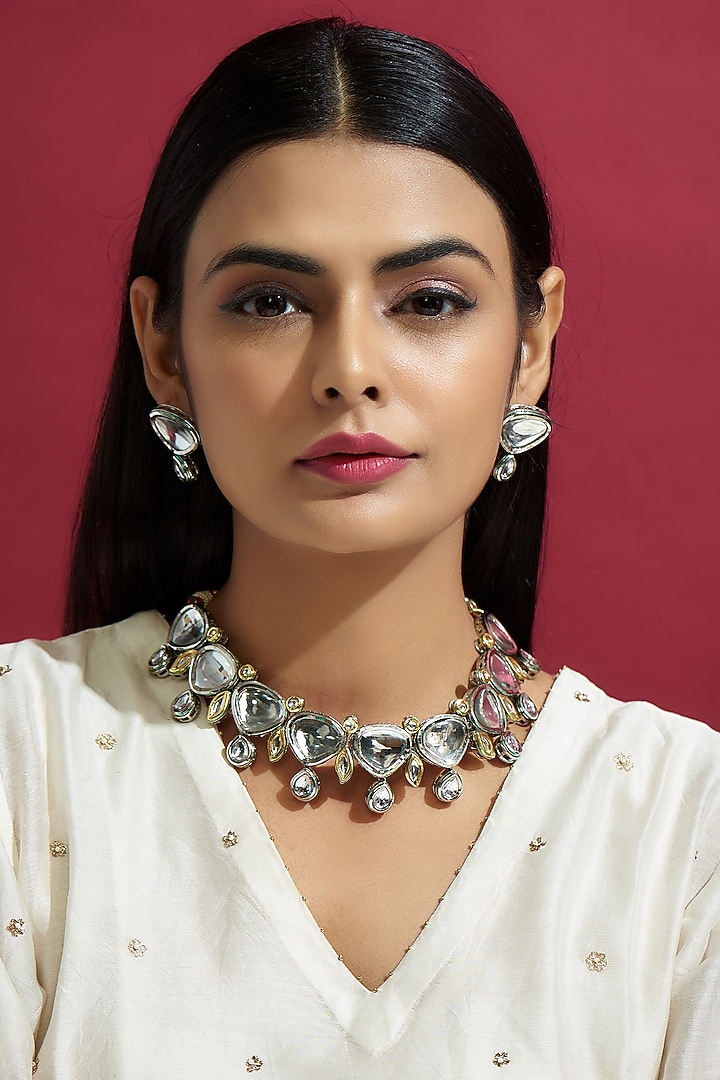 Black Rhodium Finish Kundan Polki Choker Necklace Set by Kohar By Kanika at Pernia's Pop Up Shop