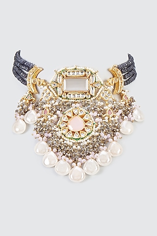 Gold Finish Kundan Polki Meenakari Necklace by Kohar By Kanika