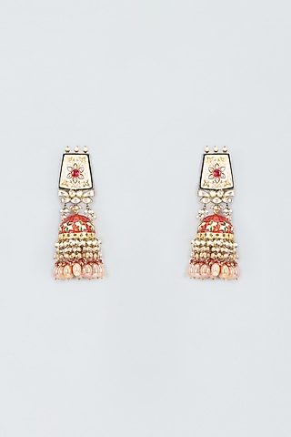 Gold Finish Kundan Polki Meenakari Dangler Earrings by Kohar By Kanika
