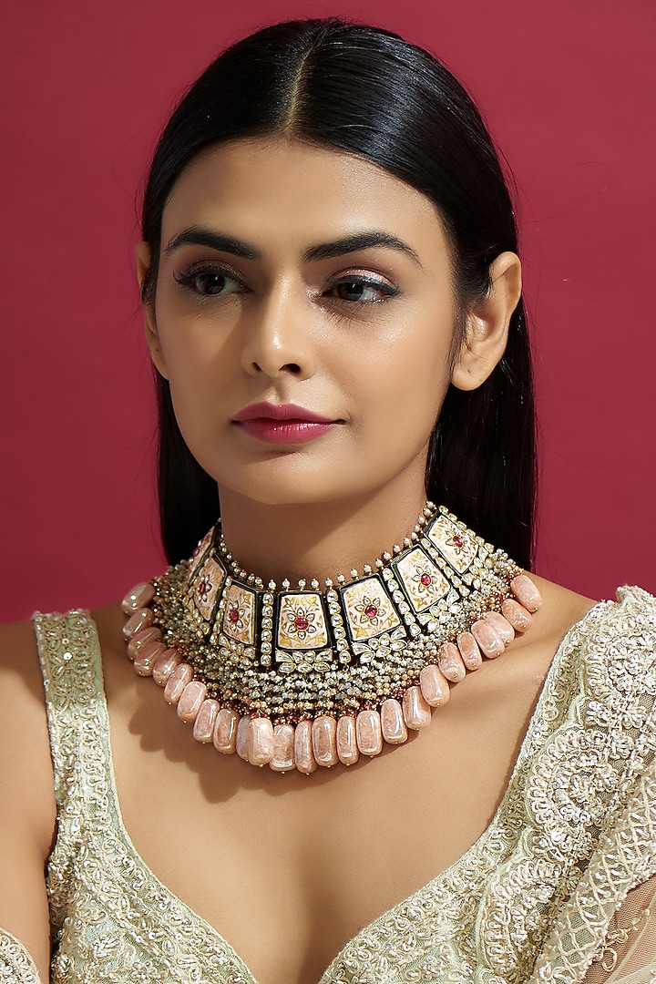 Gold Finish Kundan Polki Meenakari Necklace by Kohar By Kanika at Pernia's Pop Up Shop