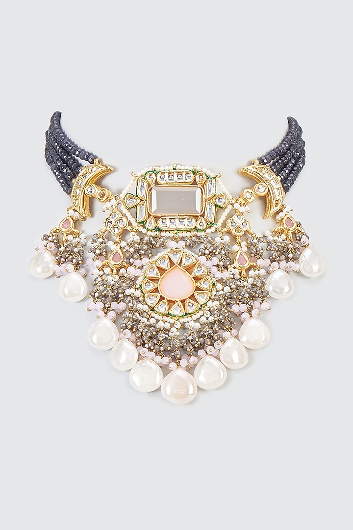 Gold Finish Kundan Polki Meenakari Choker Necklace by Kohar By Kanika at Pernia's Pop Up Shop