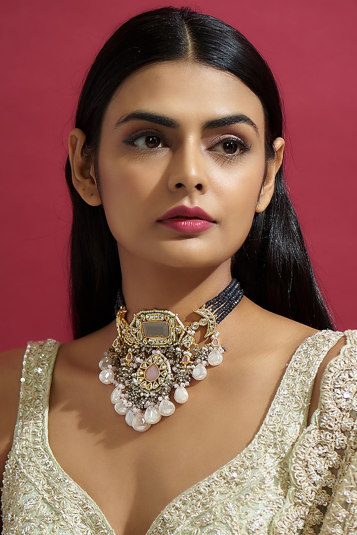 Gold Finish Kundan Polki Meenakari Choker Necklace by Kohar By Kanika at Pernia's Pop Up Shop