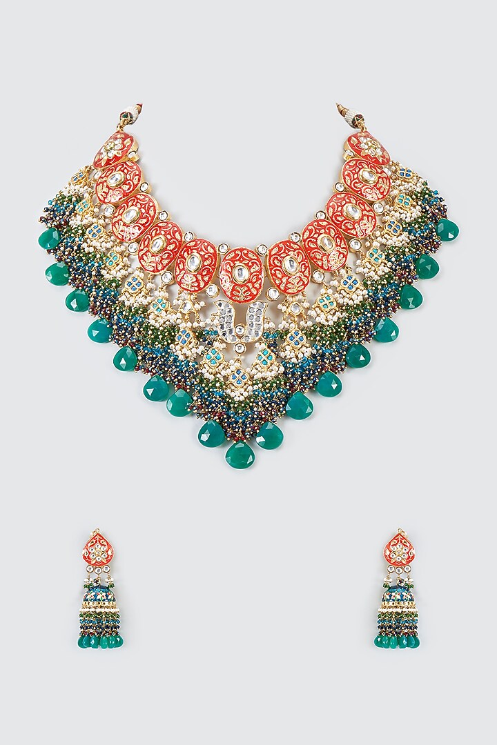 Gold Finish Kundan Polki Meenakari Necklace by Kohar By Kanika at Pernia's Pop Up Shop