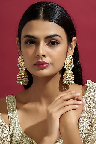 Gold Finish Kundan Polki Meenakari Dangler Earrings by Kohar By Kanika