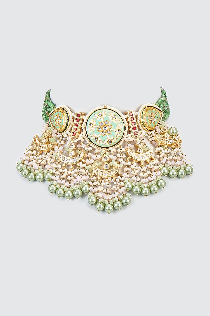 Gold Finish Kundan Polki Meenakari Choker Necklace by Kohar By Kanika at Pernia's Pop Up Shop
