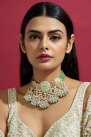 Gold Finish Kundan Polki Meenakari Choker Necklace by Kohar By Kanika