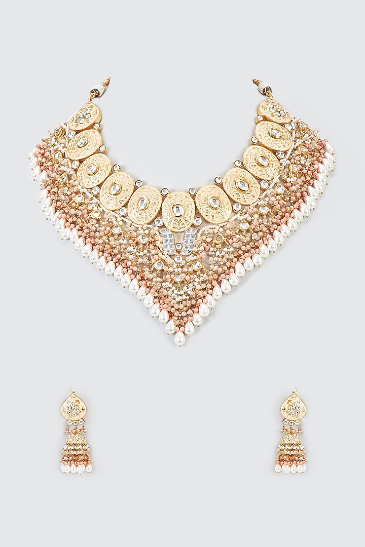 Gold Finish Kundan Polki Meenakari Enameled Necklace Set by Kohar By Kanika at Pernia's Pop Up Shop