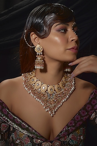 Gold Finish Kundan Polki Meenakari Enameled Necklace Set by Kohar By Kanika