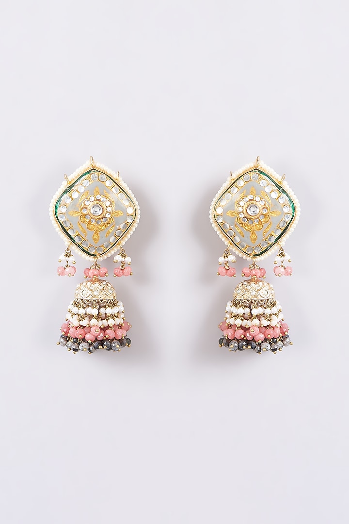 Gold Finish Grey Agate & Natural Stone Meenakari Dangler Earrings by Kohar By Kanika at Pernia's Pop Up Shop