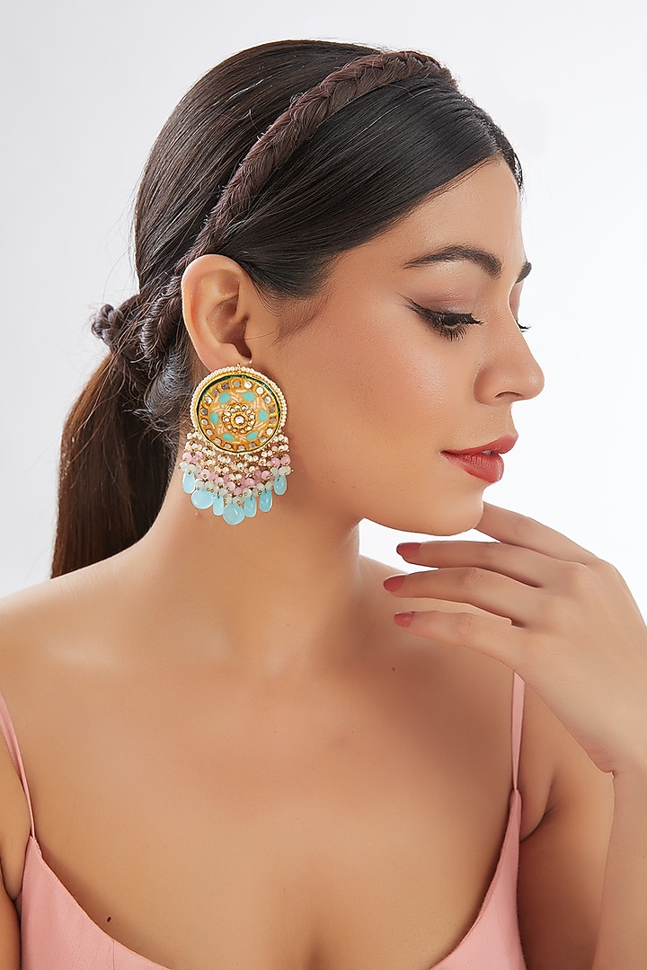 Gold Finish Blue Agate & Natural Stone Meenakari Dangler Earrings by Kohar By Kanika at Pernia's Pop Up Shop