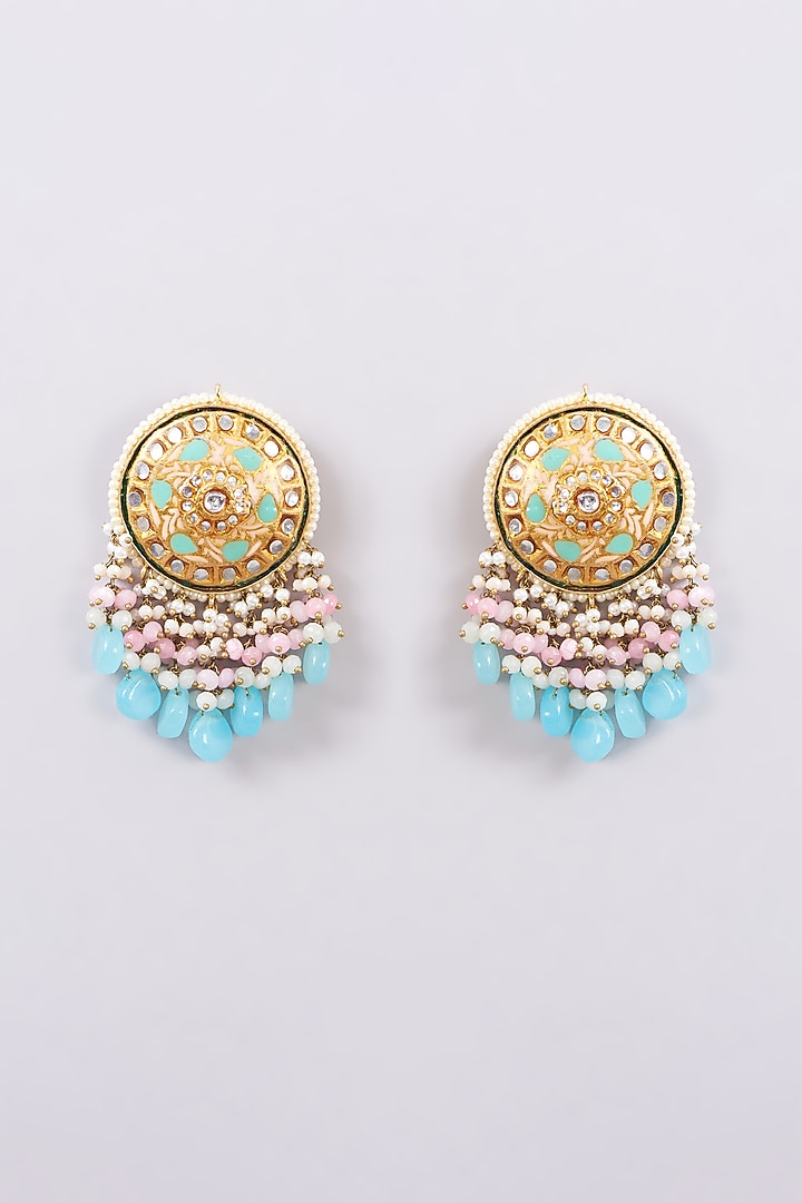 Gold Finish Blue Agate & Natural Stone Meenakari Dangler Earrings by Kohar By Kanika at Pernia's Pop Up Shop