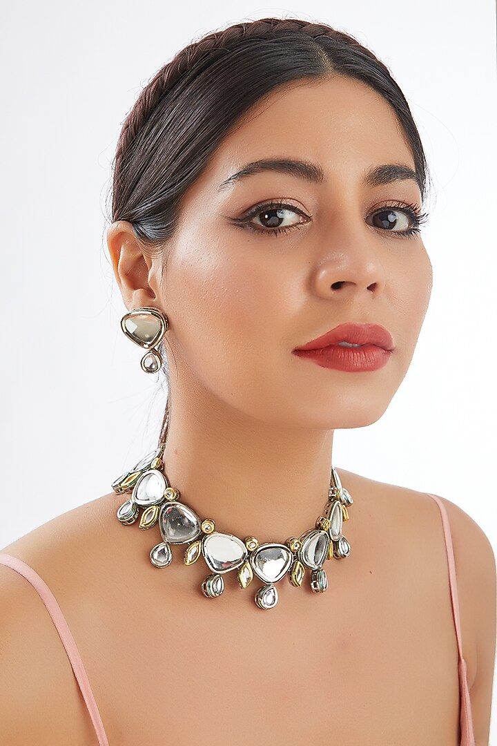 Black Rhodium Finish Victorian Polki Necklace Set by Kohar By Kanika at Pernia's Pop Up Shop