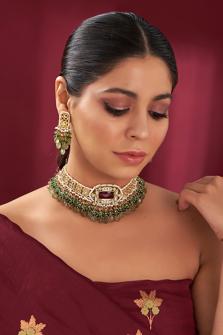 Gold Finish Ruby & Natural Stone Meenakari Choker Necklace Set by Kohar By Kanika