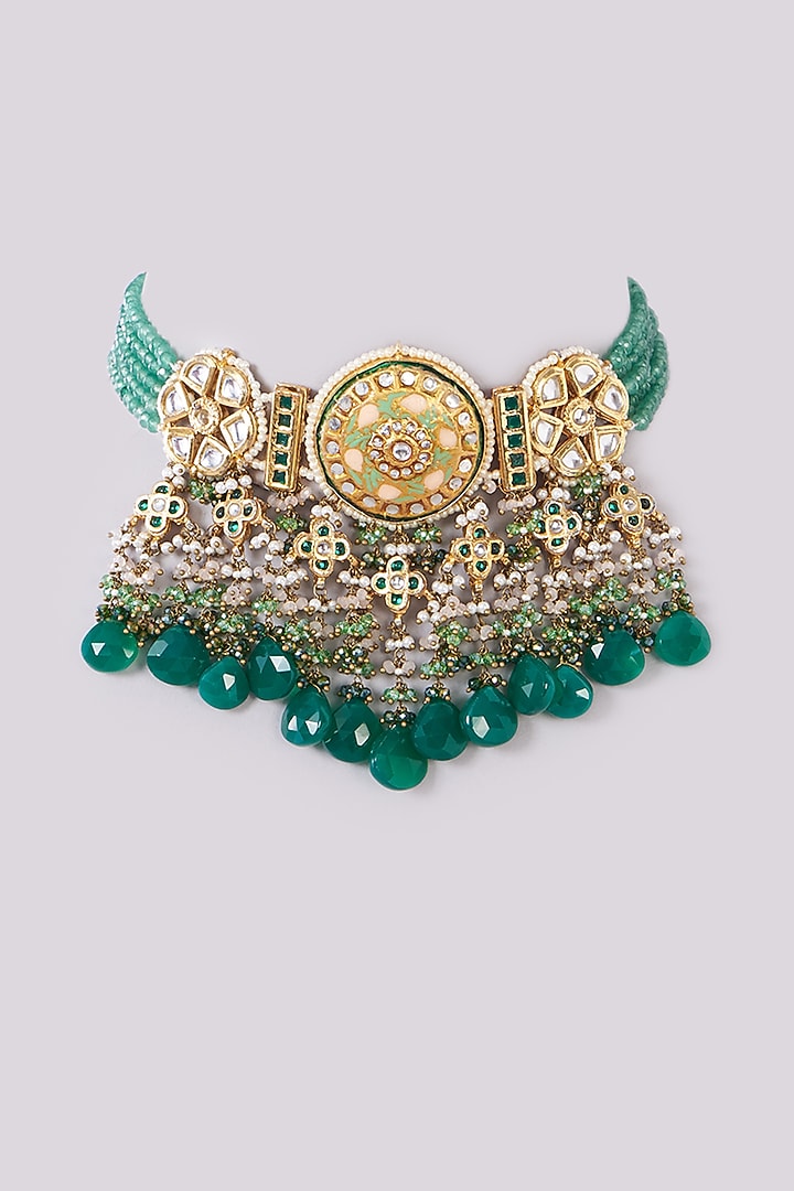 Gold Finish Green Agate & Semi-Precious Stone Meenakari Choker Necklace by Kohar By Kanika at Pernia's Pop Up Shop