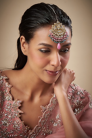 Gold Finish Pink Natural Stone Meenakari Maang Tikka by Kohar By Kanika