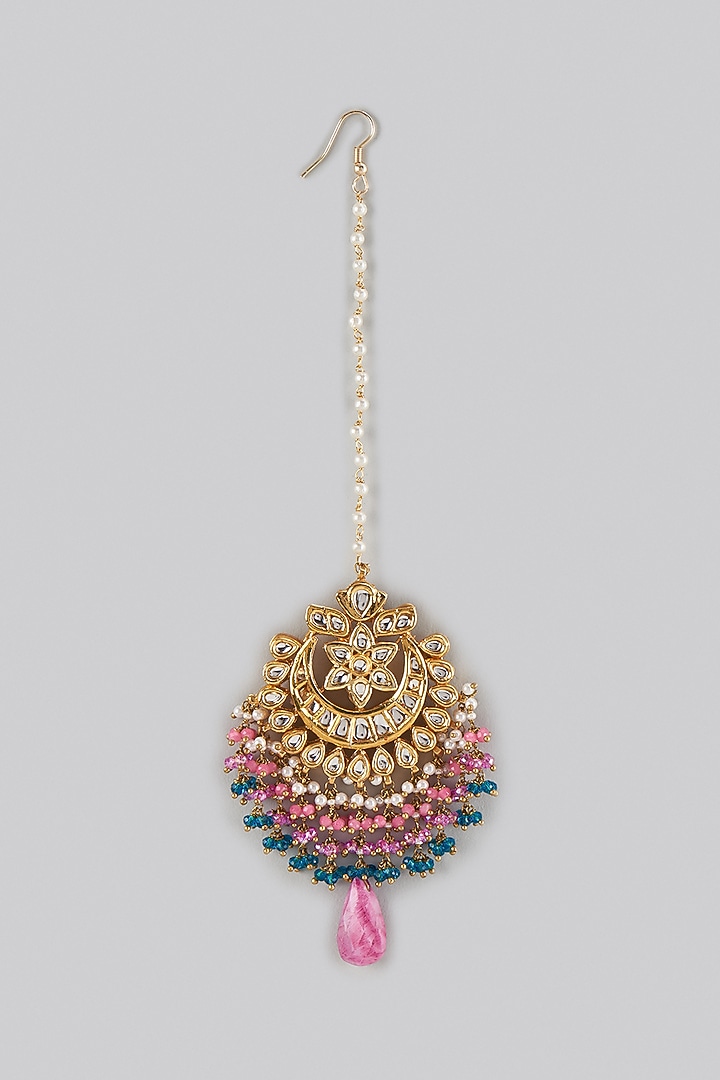 Gold Finish Pink Natural Stone Meenakari Maang Tikka by Kohar By Kanika at Pernia's Pop Up Shop