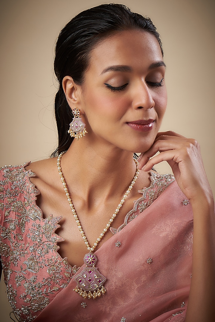 Gold Finish Holdali Stone Long Necklace Set by Kohar By Kanika at Pernia's Pop Up Shop