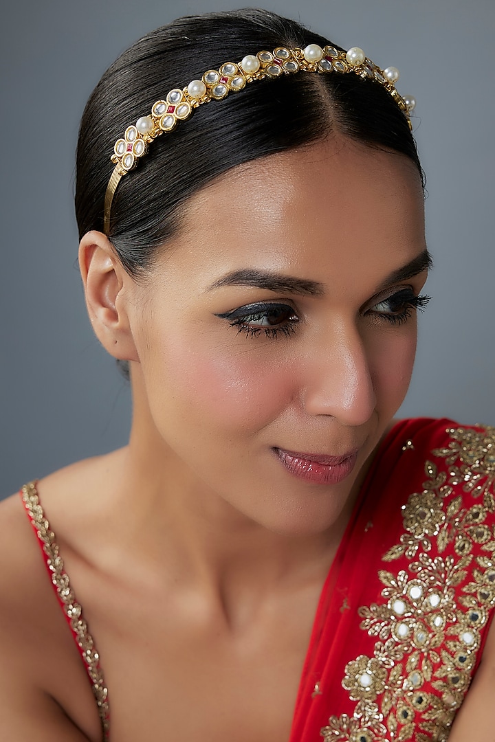 Gold Finish Kundan Polki & Pearl Hairband by Kohar By Kanika at Pernia's Pop Up Shop