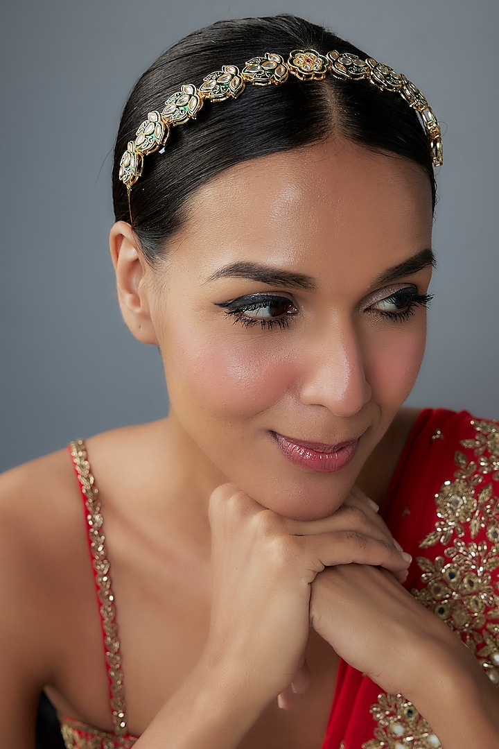 Gold Finish Kundan Polki & Emerald Hairband by Kohar By Kanika at Pernia's Pop Up Shop