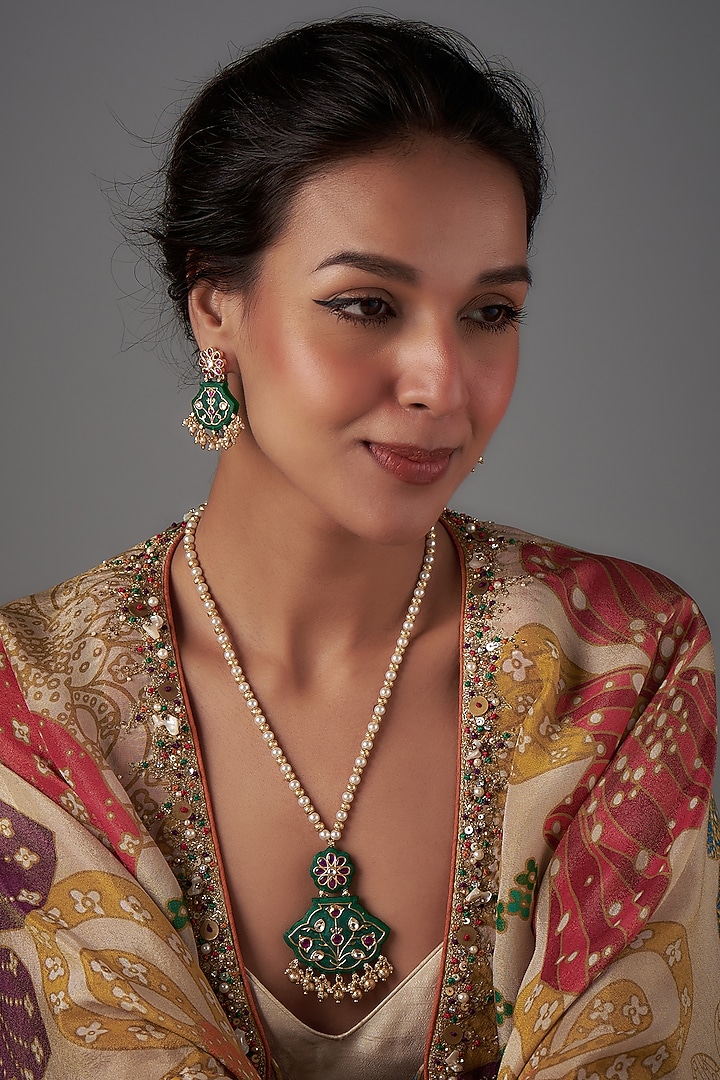 Gold Finish Synthetic Emerald Stone Necklace Set by Kohar By Kanika at Pernia's Pop Up Shop