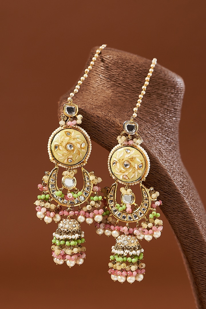 Gold Finish Kundan Polki Chandbali Earrings by Kohar By Kanika at Pernia's Pop Up Shop
