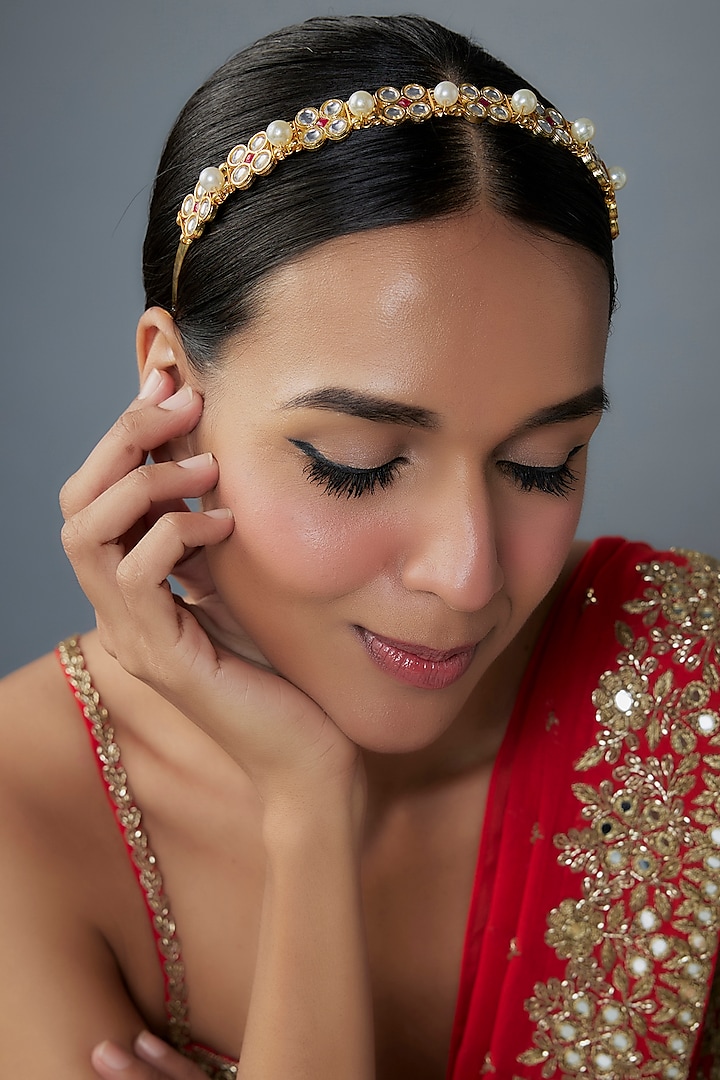 Gold Finish Kundan Polki & Pearl Hairband by Kohar By Kanika at Pernia's Pop Up Shop