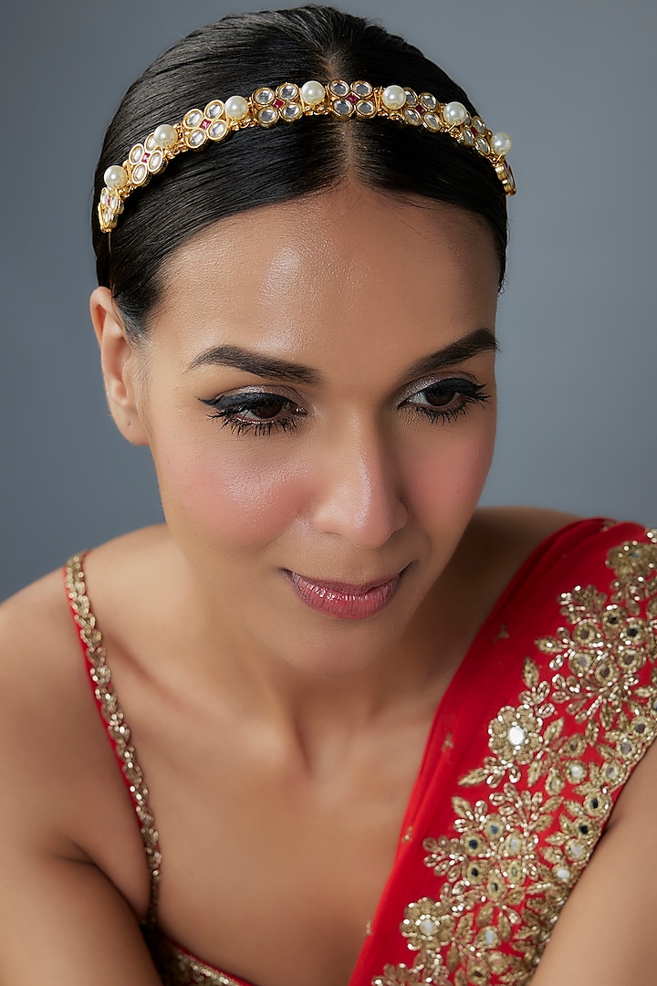 Gold Finish Kundan Polki & Pearl Hairband by Kohar By Kanika at Pernia's Pop Up Shop