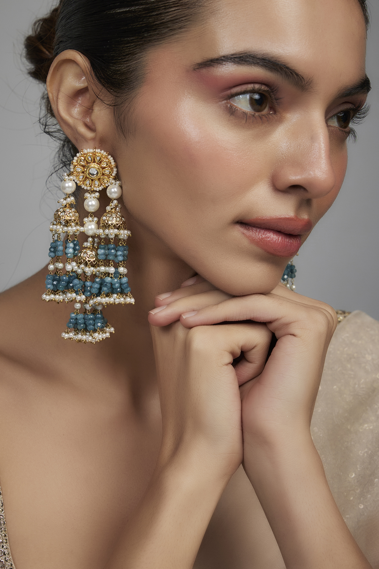 Gold Finish Blue Kundan Polki & Pearl Meenakari Dangler Earrings by Kohar By Kanika at Pernia's Pop Up Shop