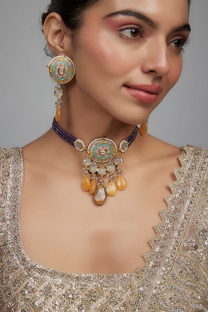 Gold Finish Purple Agate Stone & Pearl Meenakari Choker Necklace Set by Kohar By Kanika at Pernia's Pop Up Shop