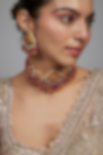 Gold Finish Orange Agate Stone & Pearl Meenakari Choker Necklace Set by Kohar By Kanika at Pernia's Pop Up Shop