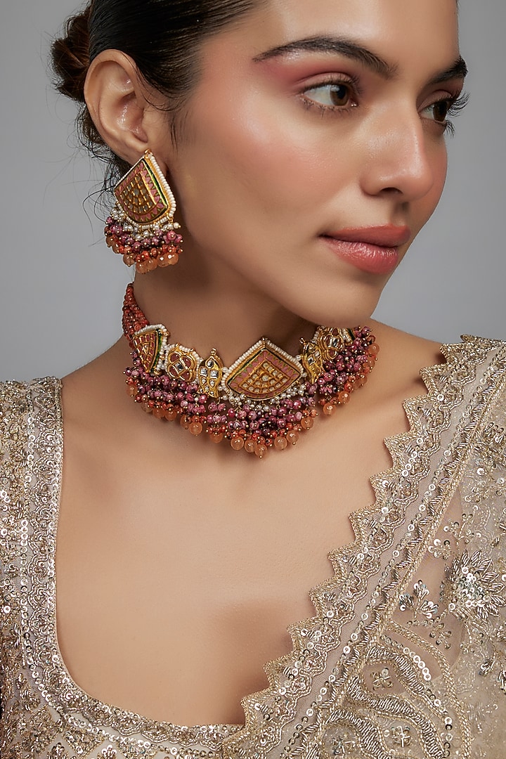 Gold Finish Orange Agate Stone & Pearl Meenakari Choker Necklace Set by Kohar By Kanika at Pernia's Pop Up Shop