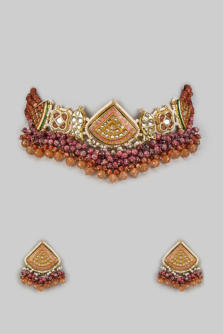Gold Finish Orange Agate Stone & Pearl Meenakari Choker Necklace Set by Kohar By Kanika at Pernia's Pop Up Shop