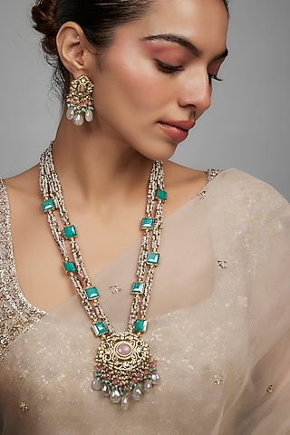 Two Tone Finish Agate Stone & Kundan Polki Mala Necklace Set by Kohar By Kanika