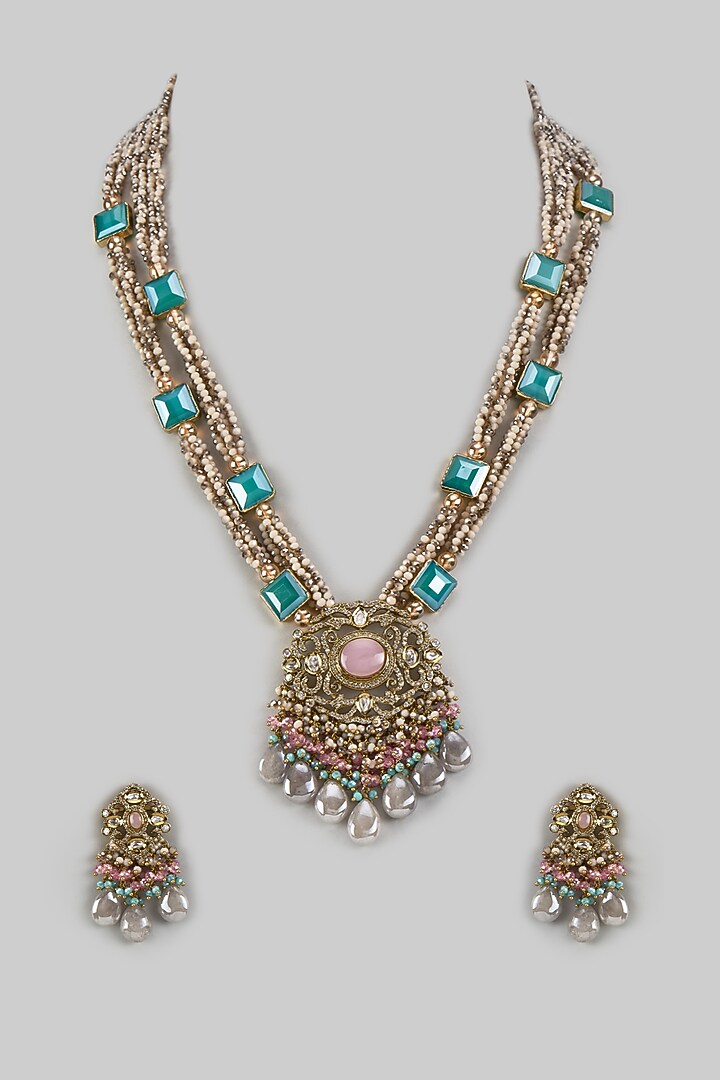 Two Tone Finish Agate Stone & Kundan Polki Mala Necklace Set by Kohar By Kanika at Pernia's Pop Up Shop