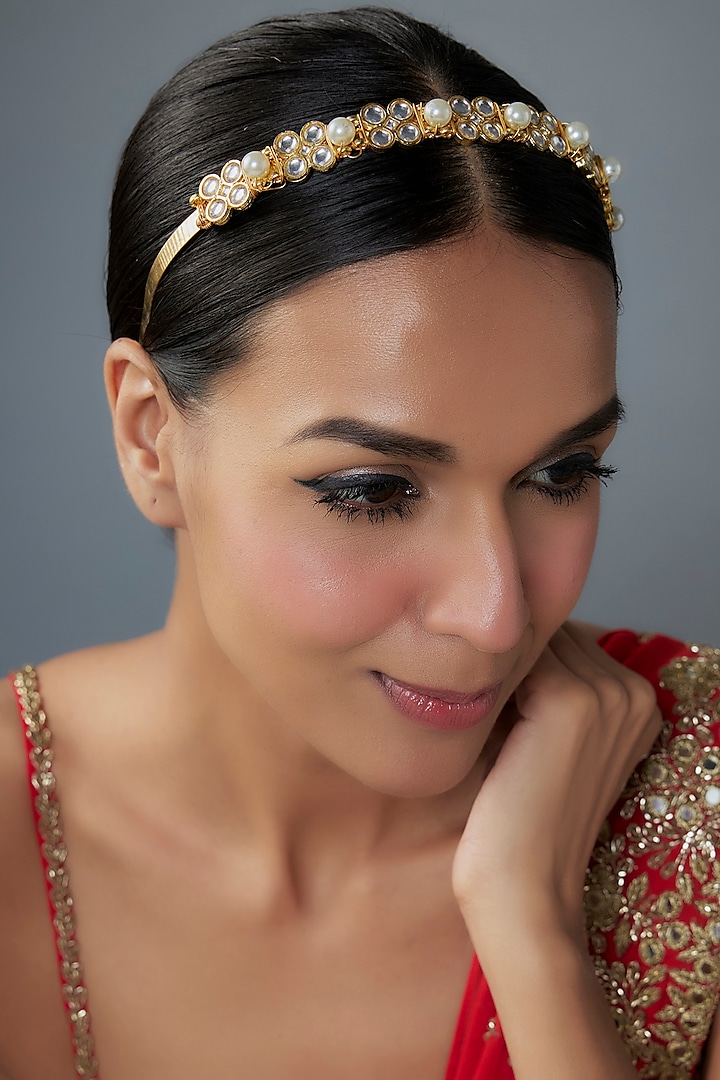 Gold Finish Kundan Polki Hairband by Kohar By Kanika at Pernia's Pop Up Shop