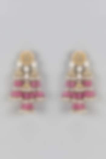 Gold Finish Pink Agate Stone & Beaded Meenakari Dangler Earrings by Kohar By Kanika at Pernia's Pop Up Shop