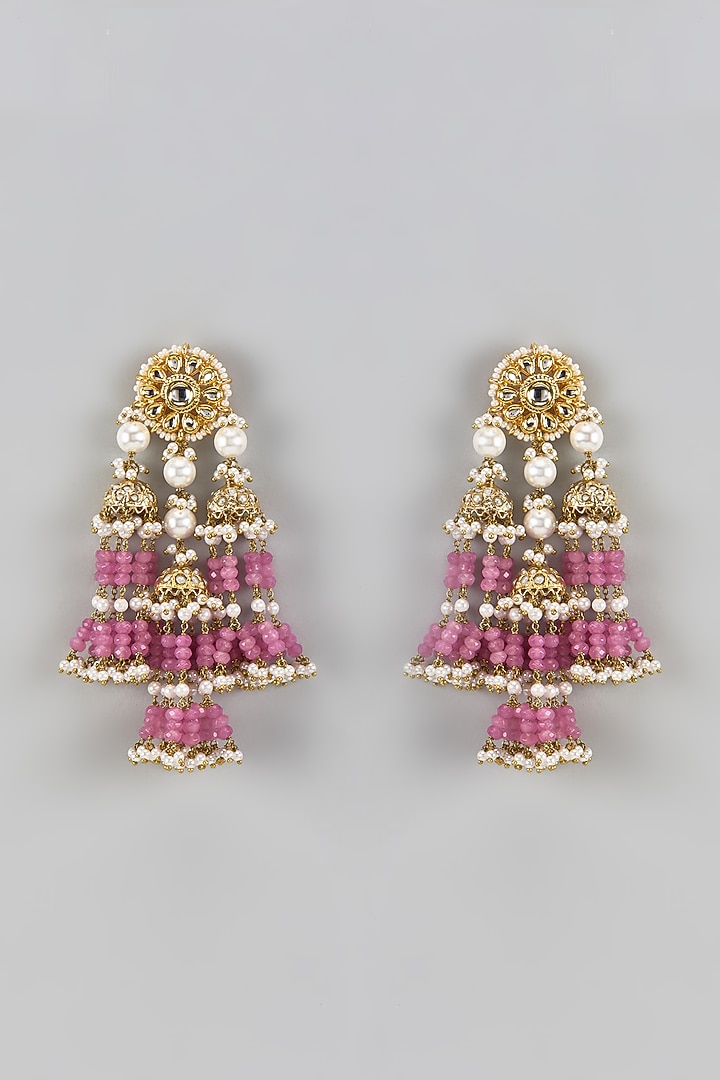 Gold Finish Pink Agate Stone & Beaded Meenakari Dangler Earrings by Kohar By Kanika at Pernia's Pop Up Shop