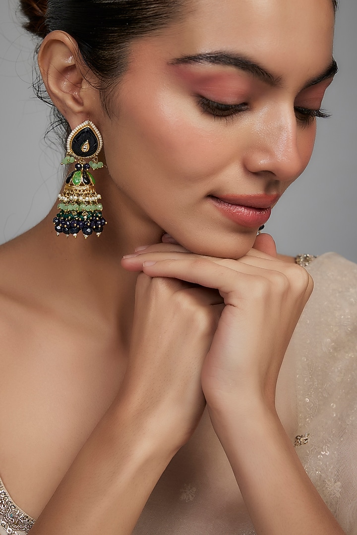 Gold Finish Blue Agate Stone & Beaded Meenakari Dangler Earrings by Kohar By Kanika at Pernia's Pop Up Shop